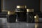 Facial cream, other cosmetic jars on marble stone table. Bottle with gold cap on black background. Lotion in container. Beauty and