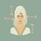 Facial massage direction infographic. Portrait of young Asian woman with closed eyes in towel on head with rose quartz face roller