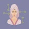 Facial massage direction infographic. Portrait of young white woman with closed eyes in towel on head with green jade face roller