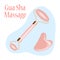 Facial massage. Flat vector set made of rose quartz, consisting of a roller face massager and gua sha.