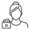 Facial moisturizing line black icon. Faceless girl and jar cream. Isolated vector element. Outline pictogram for web page, mobile