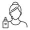 Facial moisturizing line black icon. Faceless girl and serum. Isolated vector element. Outline pictogram for web page, mobile app