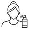 Facial moisturizing and refreshing skin line black icon. Faceless girl and spray. Isolated vector element. Outline pictogram for