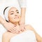 Facial salon massage. Woman professional therapy. Hands at neck. Healthy cosmetic procedure. Luxury spa treatment