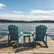 Facing the blue Adirondack chairs on wooden dock evoke travel vibes