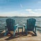 Facing the blue Adirondack chairs on wooden dock evoke travel vibes