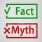 Fact and myth grunge rubber stamp isolated on transparent  background.  True or fiction with check mark and cross.  Green Fact and