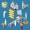 Factory Cheese Production Line Elements and Staff. Vector