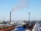 Factory chimney, WHITE thick smoke on the sky, RAILWAY STATION, RAIL, CARRIAGE