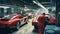 Factory construction engineering works of a modern red sport car in big workshop. Generative AI