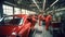 Factory construction engineering works of a modern red sport car in big workshop. Generative AI