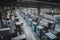 factory floor, with robots and printers moving parts to assembly line