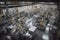 a factory floor where automated processes are in full swing, with robots and drones completing manufacturing tasks