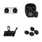 Factory, gas mask and other web icon in black style. spatula, dumbbells icons in set collection.