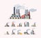 Factory. Industrial buildings manufactures air pollution vector flat pictures