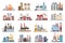 Factory industry manufactory power electricity buildings flat icons set isolated. Urban factory plant landscape vector