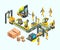 Factory isometric. Industrial machinery production electronics technology manufacturing vector concept of factory