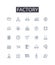 Factory line icons collection. Plantation, Workshop, Foundry, Forge, Assembly line, Manufacturer, Production house