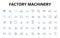 Factory machinery linear icons set. Automation, Assembly, Production, Efficiency, Robotics, Conveyors, Welding vector