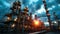 Factory at night, oil and gas refinery plant or petrochemical industry at dusk. Chemical petroleum industrial buildings with