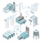 Factory pipe and set of industrial buildings. Isometric style pictures
