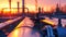 Factory pipeline at sunset, crude gas and oil pipes of refinery plant or petrochemical industry. Scenery of steel industrial tube