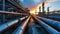 Factory pipelines at sunset, crude gas and oil pipes of refinery plant or petrochemical industry. Perspective view of steel