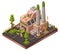 Factory plant isometric 3D illustration of modern industrial warehouse and logistics transport vehicles