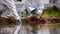 Factory scientists or biologists wear protective clothing while Collecting water samples in natural water sources near farmland.