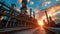 Factory at sunset, oil and gas refinery plant or petrochemical industry at dusk. Chemical petroleum industrial buildings, sun and