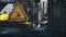 Factory warning icon sign on grid attention to dangerous machine working