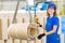 Factory woman worker moving cargo with overhead crane