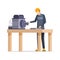 Factory worker flat vector illustration. Happy manufacturing plant employee standing behind workbench cartoon character