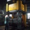 A factory worker operating a large hydraulic press Hyper- created with generative AI