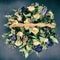 Faded bouquet of flowers on a black background. Top view of dried blue and yellow roses. Dry autumn flowers in a wicker basket