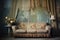 a faded floral sofa with a vintage lamp and lace curtains