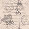 Faded text, stamps, Eiffel Tower, lettering Paris, hand drawn the Louvre, seamless pattern