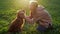 Fair haired girl in hoodie and jeans kisses furry spaniel