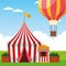 Fair tent and hot air balloon over landscape background, colorful design