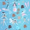 Fairies and elves dance in blue sky among blooming flowers. Magic ballet in spring garden. Vector illustration