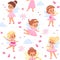 Fairies seamless pattern. Cute winged girls. Young flying sorceresses. Little princess in pink dresses. Baby