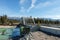 Fairmont Hot Springs, CANADA - MARCH 22, 2019: metal bridge over the river with green water