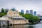 Fairmount Waterworks, and the skyline in fog, in Philadelphia, Pennsylvania