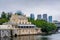 Fairmount Waterworks, and the skyline in fog, in Philadelphia, Pennsylvania