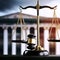 fairness scales of justice against court house building background banner, concept of business financial protection by law