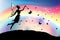 Fairy butterfly silhouette with magic wand rainbow sky background
