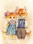 Fairy couple of cats. A pair of red fluffy kittens with pink shushes and green eyes stand in clothes (a dress with lace and