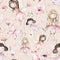 Fairy and Flowers watercolor seamless girls nursery pattern. Cartoon pink magic girl baby background. Faitytale