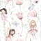 Fairy and Flowers watercolor seamless girls nursery pattern. Cartoon pink magic girl baby. Faitytale textile art