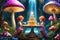 A fairy forest party under mushroom lights with a giant cake and waterfall